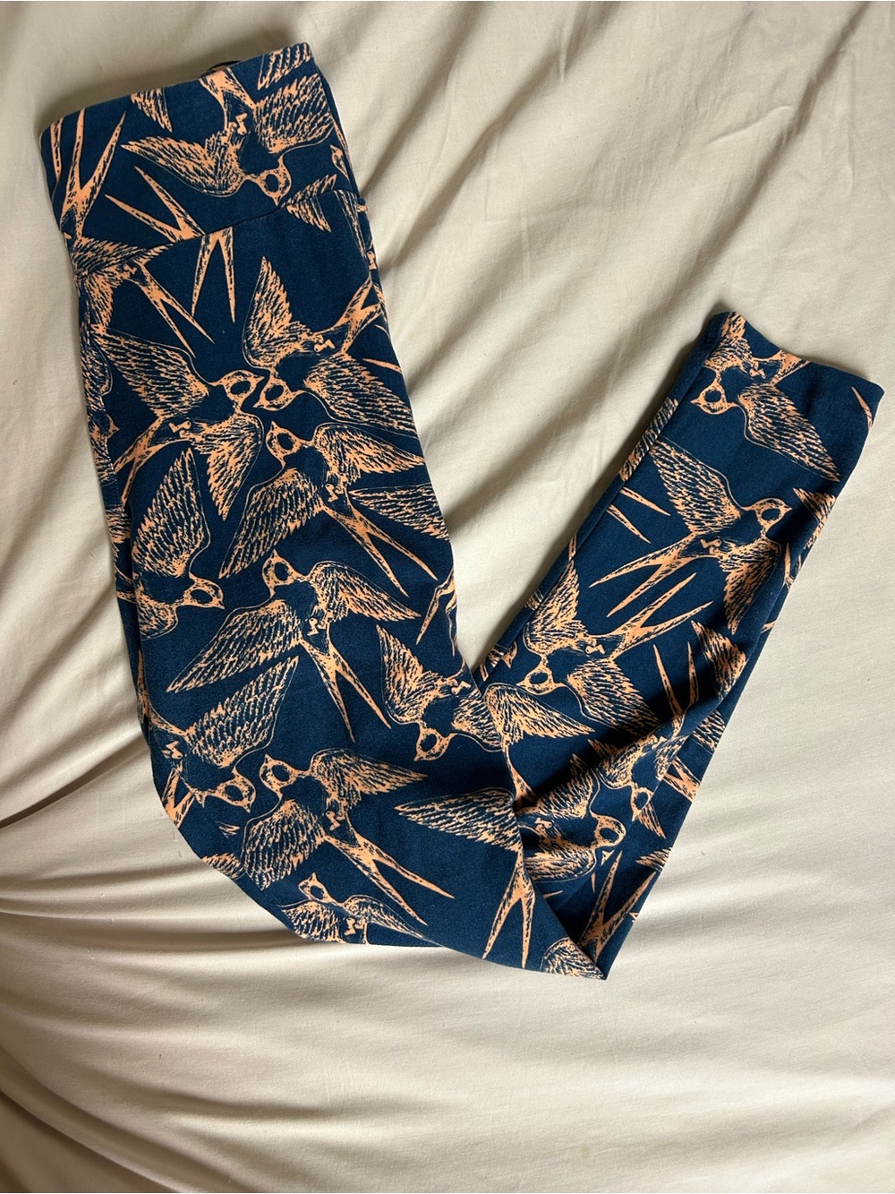 Super Cute Navy and Peach Bird Print Leggings